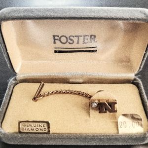 Vintage Foster Personalized Tie Tack Letter N w/genuine diamond Gold Tone Metal